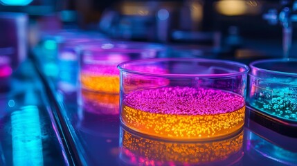 Glowing biofluorescent bacteria cultures in petri dishes, microbiology research, biotechnology lab close-up