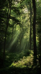 Obraz premium Sunbeams filtering through a dense forest canopy