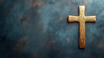 A golden wooden cross stands against a rich blue textured backdrop, providing a serene and contemplative space for reflection or inspirational quotes, copy space