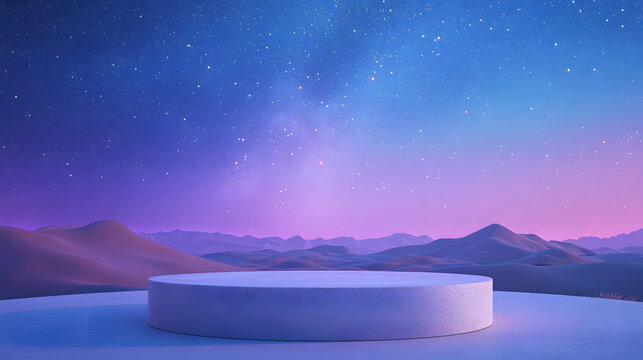 Cool podium with A Starry night sky with stars, the desert. Cosmetic podium abstract field studio display, and a dramatic Beautiful summer backdrop 