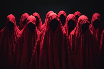 Mysterious figures in red cloaks Hidden faces Ghostly presence Possibility of secret society Dark background