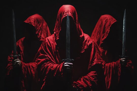 Mysterious figures in red hoods with daggers satanic symbols Dark ritual sectarians Black background