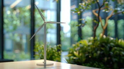 A small white windmill model on a modern business desk, representing renewable energy, sustainability, and eco-friendly business practices.eco-friendly, green technology, environmental awareness,AI.