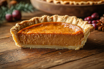 A slice of pumpkin pie on a wooden table.