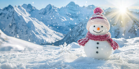 Obraz premium Cute snowman with a hat and scarf, generative AI