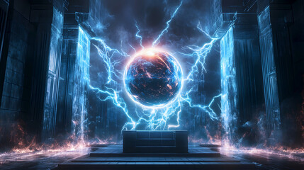 Fototapeta premium glowing energy ball suspended between two high-tech columns, with powerful energy waves pulsing outward, representing the fusion of different energy sources