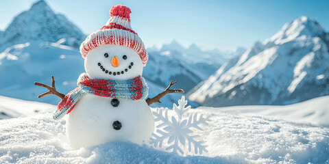 Obraz premium Cute snowman with a hat and scarf, generative AI