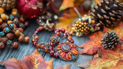 A vibrant and detailed still-life composition showcasing a beaded necklace with an elaborate flower pendant surrounded by autumn elements. The necklace features intricate beadwork with hues of red, or