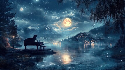 A captivating, dreamy night scene features a grand piano poised on the edge of a serene lake, under a starlit sky. The moon, full and glowing intensively, illuminates the calm water, the piano, and th