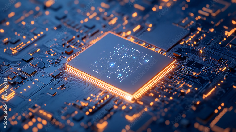 Poster close-up view of a glowing microchip on a dark blue circuit board with intricate details