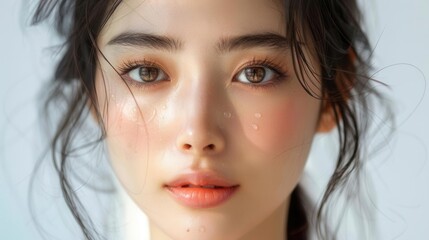 An ultrarealistic image of a young Asian woman with flawless, radiant skin Her eyes sparkle with confidence, and a gentle smile graces her lips No freckles are visible