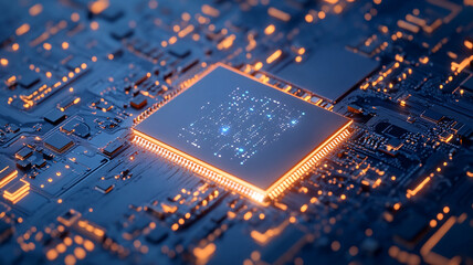 Close-up view of a glowing microchip on a dark blue circuit board with intricate details
