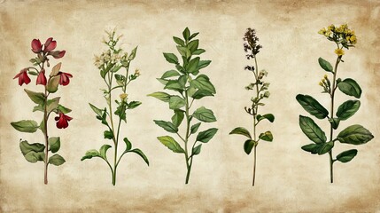 Botanical Illustration of Six Different Flower Species on Parchment Paper