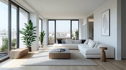 Modern Living Room with City View and White Sectional Sofa