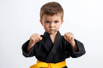 Serious child in karate pose black gi yellow belt symbolizing skill and strength white background