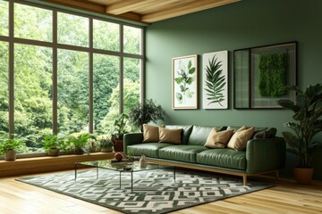 Fototapeta premium Modern living room with greenery and natural light.