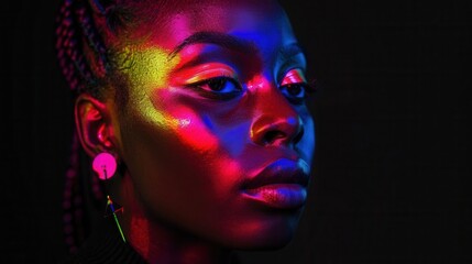 Portrait of a model illuminated by vibrant colored gels, striking and dynamic look, perfect for social media and advertising, isolated black background