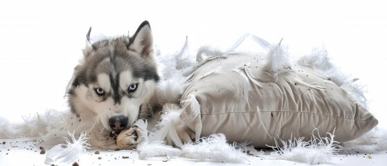 Siberian dog tearing up a pillow in the living room, playful and mischievous, feathers everywhere, isolated white background
