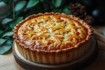 A freshly baked pie with a beautiful golden crust and intricate design.