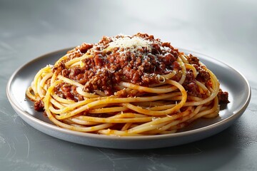 A plate of spaghetti bolognese with rich meat sauce and Parmesan