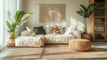 Modern Living Room with Beige Couch, Woven Wall Tapestry, and Natural Elements