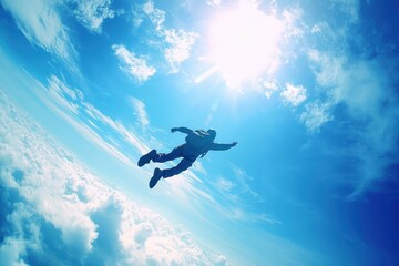 Skydiving banner with sun clouds and man flying upside down aerodynamics at 4000 meters Extreme tourism on National Airborne Day