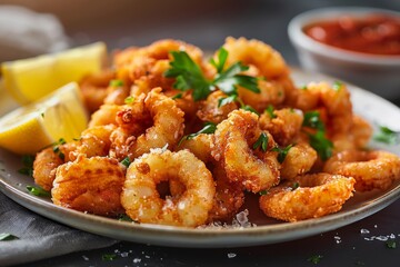 A plate of Italian calamari fritti with lemon wedges and marinara sauce
