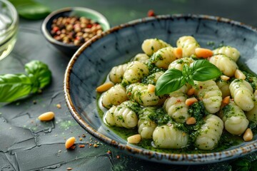 Freshly made Italian gnocchi with pesto sauce and pine nuts