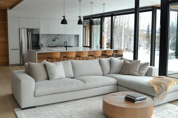 Fototapeta premium Modern living room with cozy furnishings and snowy view.