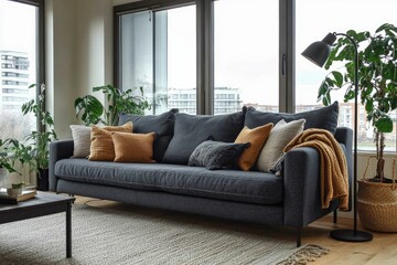 Fototapeta premium Cozy living room with a sofa and plants.