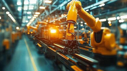Yellow Robotic Arm in Industrial Factory Setting