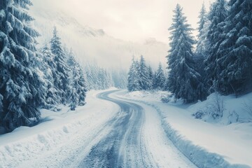 Obraz premium Snowy mountain forest road Stunning winter view