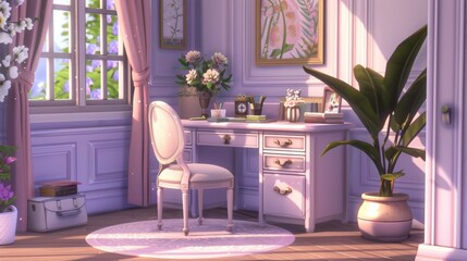 Desk and Chair: A charming wooden desk in soft lavender, paired with a matching cushioned chair, perfect for drawing, writing, and organizing school supplies.

