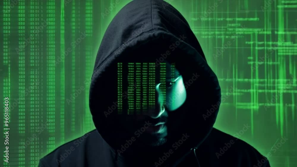 Poster silhouette of a hacker in a hoodie looking towards data on a green screen