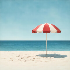 A vibrant red and white striped umbrella stands alone on a serene beach, casting a shadow on the soft, sandy shore.