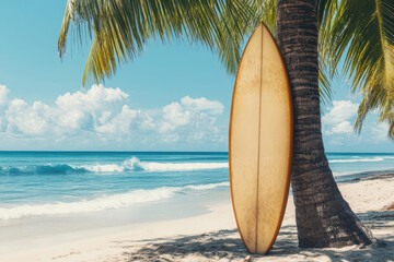 A serene beach scene featuring a surfboard under palm trees, with gentle waves and a clear blue sky.