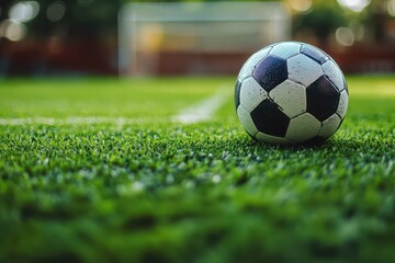 Fototapeta premium Soccer ball ready on field for game in midfield
