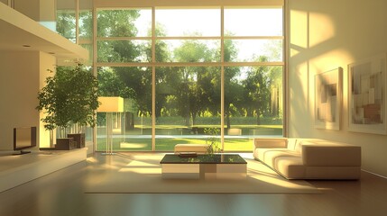 Modern living room with sleek furniture, large windows, and soft ambient lighting, showcasing a minimalistic design with clean lines and neutral tones