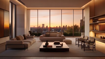 Modern living room with sleek furniture, large windows, and soft ambient lighting, showcasing a minimalistic design with clean lines and neutral tones