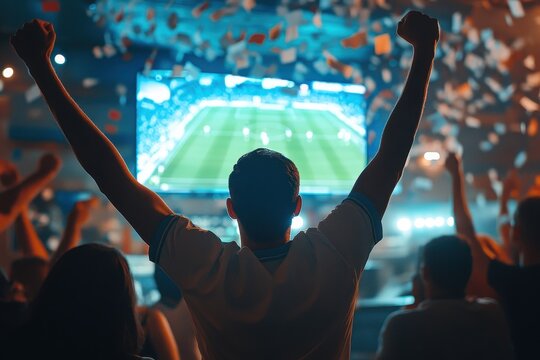 Soccer fans in sports bar cheer for team as player scores goal in championship