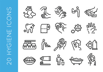 Fototapeta premium Hygiene icons. Set of 20 hygiene-themed trendy minimal icons. Example: Soap, Hand Washing, Toothbrush, Germs, Bathtub icon. Design signs for web page, mobile app, packaging design. Vector illustration