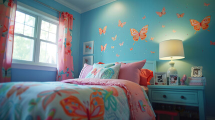 Butterfly Wall Decals: Large, vibrant butterflies scattered across the walls, adding a cheerful, nature-inspired touch to the room.
