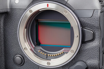 black professional 35mm full-frame mirrorless camera body with exposed sensor full-frame closeup view