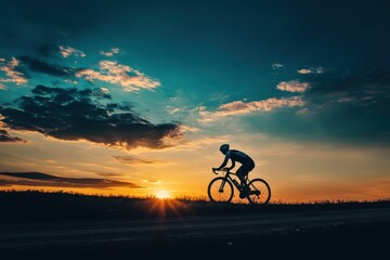Obraz premium Sport Cyclist rides bike at sunset with dramatic backdrop