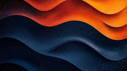 An abstract illustration showcases smooth, flowing waves in vibrant orange and deep blue hues