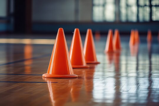 Sports training equipment on gym floor Various sports practice Sports theme designs for print and digital