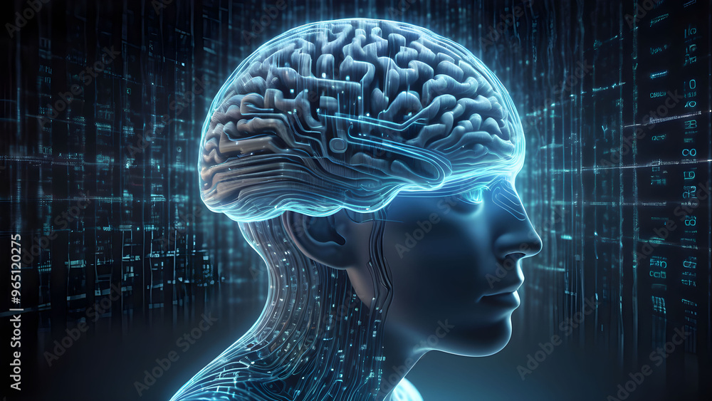 Aufkleber human head with glowing brain interface. artificial intelligence concept. 3d rendering