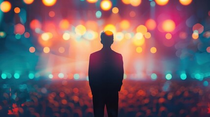 A silhouette of a standing figure against vibrant, colorful stage lights, evoking a sense of anticipation and excitement.