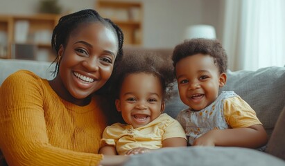 A happy black colored family with two children sitting on the sofa at home, laughing and playing together in the living room. High-quality, realistic photograph. 