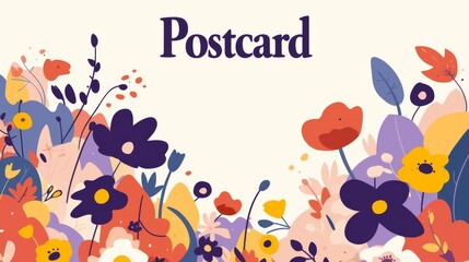 Simple Line Art Postcard Template with White Background, "Postcard" Text at the Top, Thin Black Lines on Front and Back